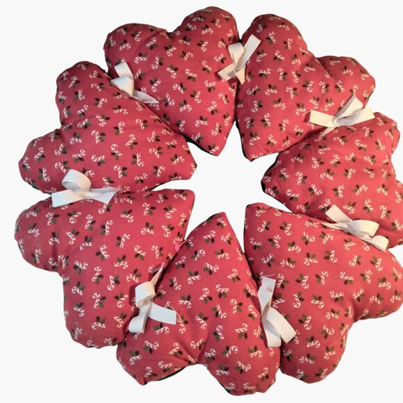 Handcrafted Heart Shaped Wreath Pillow Red White Candy Cane  Bow Accents 14 inch - Picture 2 of 4